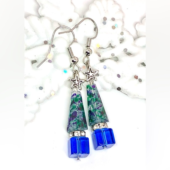 Royal Blue Forest Green Purple Splash Clr Glass Crystal Christmas Tree Earrings - Picture 2 of 4
